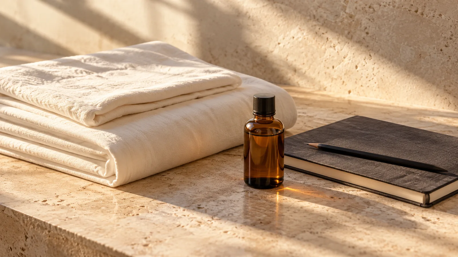 Folded ivory linen, an amber oil bottle and a charcoal appointment notebook on a stone surface.